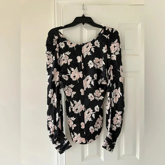 NWT Cinq à Sept Yesenia Floral Tie-Front Silk Blouse Black/ Blush Pink - Picture 7 of 11